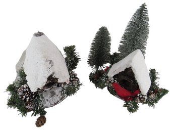 Christmas Decoration With Snow, Trees, Birdhouse, And Cardinal