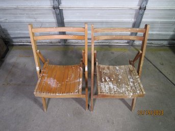 Pair Of Vintage Mid Century Folding Wood Slat Chairs