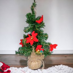 Decorated Christmas Tree Red Flowers Poinsettia Wood Base