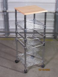 Stainless Rolling Metal Shelf With Baskets And Wooden Top Kitchen Cart Side Table Storage