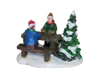 Christmas Village Figurine Two Boys At Bench With Tree GREENBRIER INTERNATIONAL