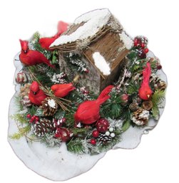 Large Winter Table Top Decor Piece With Birdhouse And Many Red Cardinals