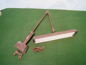 Vintage Industrial Floating Fixture Clamp On Drafting Lamp, Machine Age Articulating Work Light
