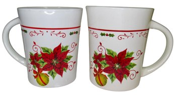 Pair Of Christmas Poinsettia Theme Coffee Mugs Hot Cocoa