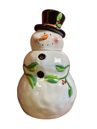 Winter Snowman Cookie Jar Ceramic Glazed Holiday Christmas Snack Jar Vintage. 11'