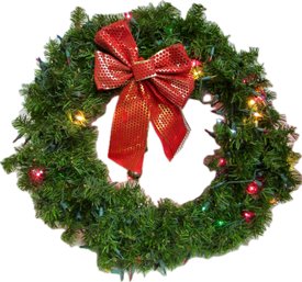 Artificial Christmas Wreath With Red Bow And String Lights