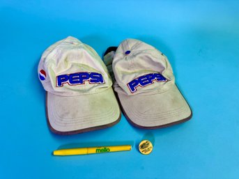 Vintage Pepsi Promotional Lot - Hats, Pin & Mello Yello Pen