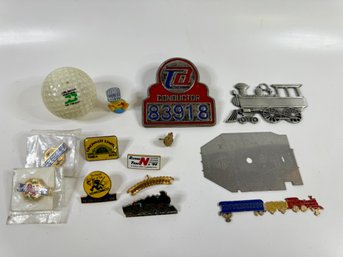 Vintage Train Collectibles Lot: Pins, Conductor Badge, Branded Golf Ball, And More