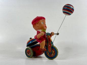 Vintage Tin Wind-Up Toy - Boy On Tricycle