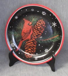 Red And Black Cardinal On A Snowy Pinecone Branch With Snow Snowflakes Plate