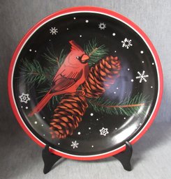 Red And Black Cardinal On A Snowy Pinecone Branch With Snow Snowflakes Dinner Plate