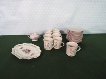 Big Lot Of Flower Design White Ceramic Mugs Cups And Saucers Desplay Tray And Sugar Bowl Stoneware China