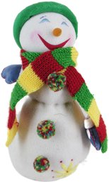 12 Inch Tall Snowman Plush With Green Hat And Colorful Scarf