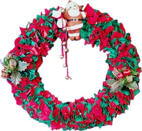 12' Christmas Holiday Door Wreath Santa Clause Miniature, String Wrapped Ornaments, Presents, Holly Poinsettia