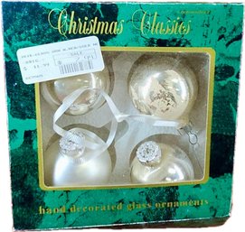 Christmas Classics Hand Decorated Glass Ornaments Ball Shaped White Gold