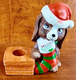 CERAMIC PAINTED CHRISTMAS PUPPY DOG STOCKING NOEL TAPER CANDLE HOLDER J.S.N.Y.