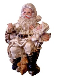 Hand Painted Sculpted Vintage Santa Clause Holding 2 Smaller Child Sized Santa Clauses Candle Holder Toy Sack