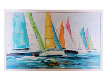 Susan Hale Acrylic Painting On Canvas Pastel Sailboats Framed 31'X8'