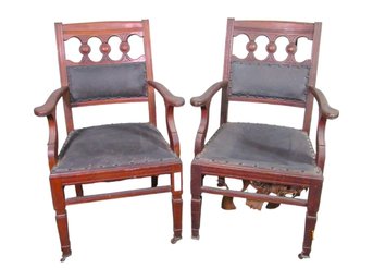 Pair Of Two Antique Chairs, Beautiful Wood, Leather And Wheels