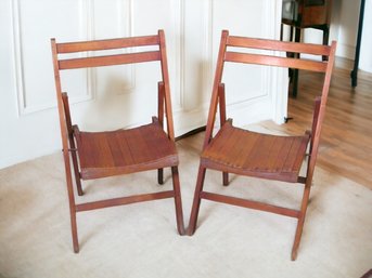 Pair Of Vintage Mid Century Folding Wood Slat Chairs