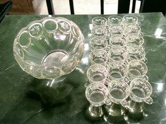 Huge Punch Bowl And 18 Glasses W/ Handles