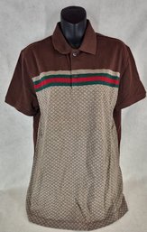 Gucci Mens Polo Shirt Brown With Diamante Print And Front Stripe Signature Size Medium