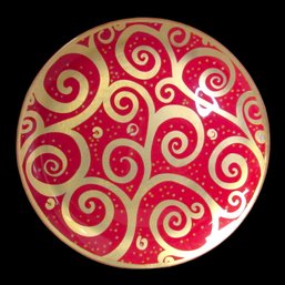 Two Red And Gold Dinner Plates Swirly Design Shiny