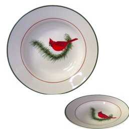 Pair Of Cardinal Decorative Bowls On Pine Evergreen Branch
