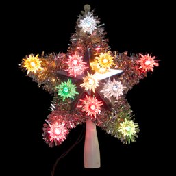 Vintage Gold Tinsel Reflector Star Christmas Tree Topper 11 Multicolored Lights