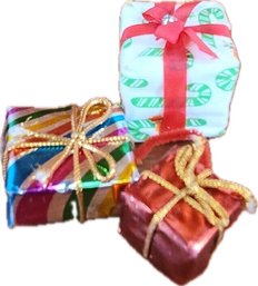 3 Vintage Small Wrapped Gift Box Presents Ornaments Decorations Holiday Christmas