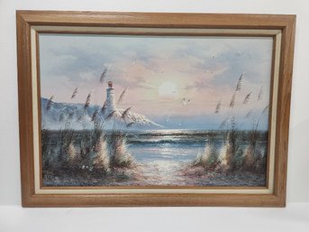 Bernard B. Duggan Signed Canvas Oil Painting Seascape Lighthouse Sunset 43'x31'x2'