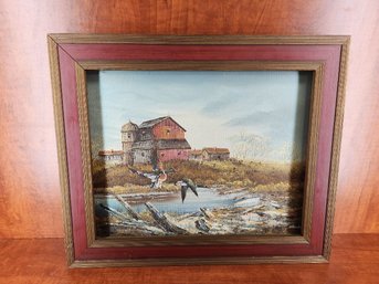 Original Oil Painting On Canvas Signed Henderson Framed 18x15' Cabin Ducks Barn