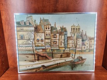 Original Roland Strasser Watercolor And Ink Painting On Canvas River Town Framed