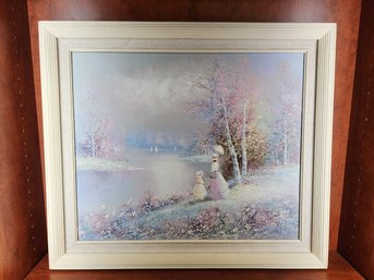Framed Matted Oil Painting Pastel Mother Daughter Watching Boats Signed Walton 20'x24'