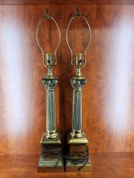 Lot Of Two Vintage Antique 30' Brass Leviton Empire Table Lamps