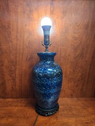 Vintage Antique Leviton Cobalt Blue Speckled Vase Lamp Carved Wood Base 19x6x6'