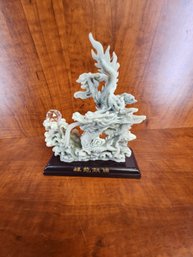 Chinese Water Dragon Sculpture With Crystal Ball On Pedestal 7' Tall
