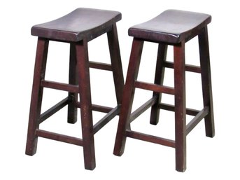 Pair Of Two Saddle Seat Barstools With Stretcher Base