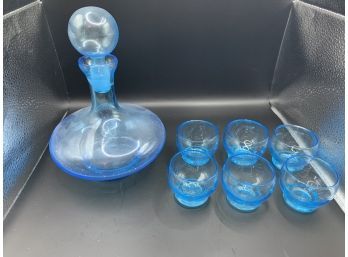 Blue Decanter And Six Glasses