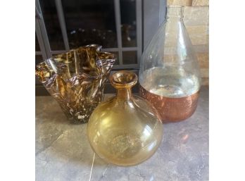 Glass & Copper Vase, Amber Bottle, Glass Planter
