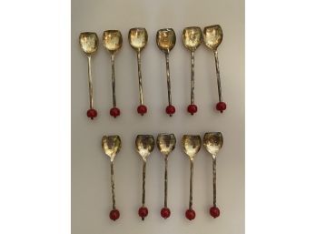12 Vintage Red Bakelite Ball Tip Sheffield England Silver Plate Bent Edge Sugar Jelly Caviar Scoop Spoons