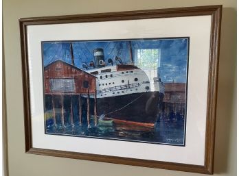 Framed Watercolor Boat Scene 29x22
