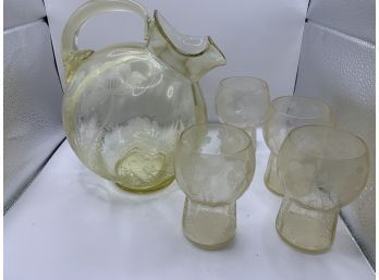 Vintage Pitcher And 4 Glasses