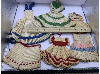 6 Vintage Crochet Pot Holders Doll Dress Trivet HotPad Handmade Multicolor