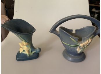 Vintage Roseville  Pottery Basket / Vase.   Blue. 2 Pieces