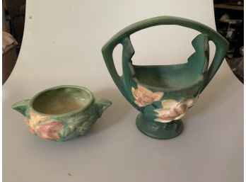 Vintage Roseville Pottery Basket /  Two Handle Bowl. Green. 2 Pieces