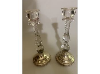 Pair Of Sterling & Glass Candlestick Holders
