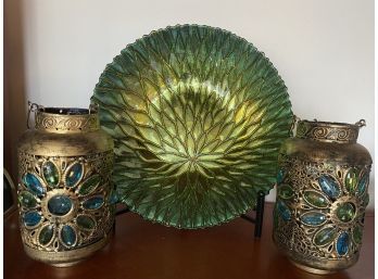 Pair Of Candle Lanterns & Coordinating Glass Bowl