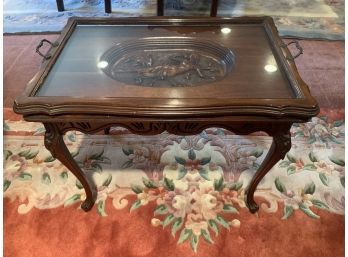 Carved Wood Table With Removable Glass Tray