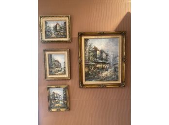 Set Of 4 Framed Oil On Canvas, Parisian Friends On Stroll